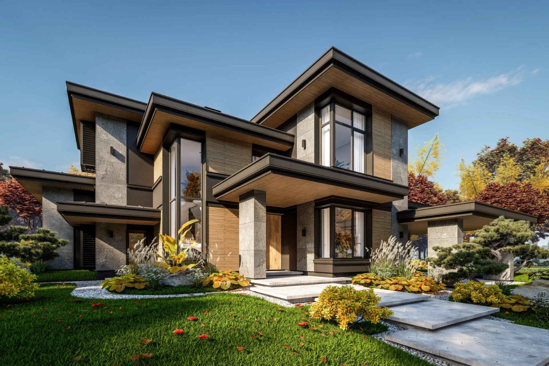 Modern two-story house with lush landscaping