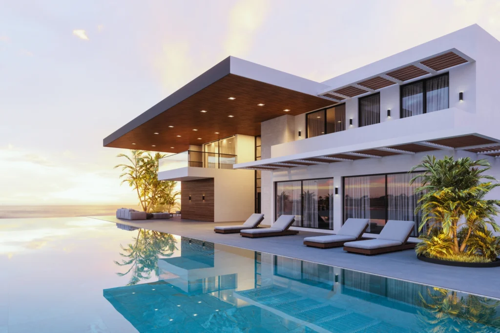Luxury beachfront villa at sunset