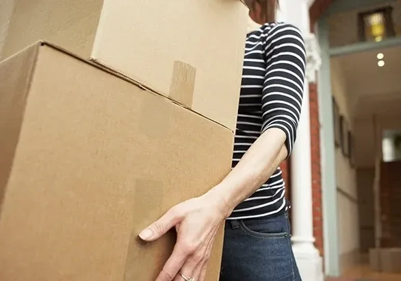 Person carrying cardboard boxes into house